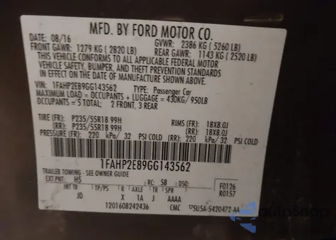 2016 Ford Taurus Sel из США, поврежденный, VIN 1FAHP2E89GG143562